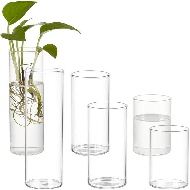 Juego de 6 jarrones cilíndricos de vidrio en 3 estilos diferentes. Jarrón de vidrio decorativo de columna. Jarrón transparente. Portavelas colgante alto.