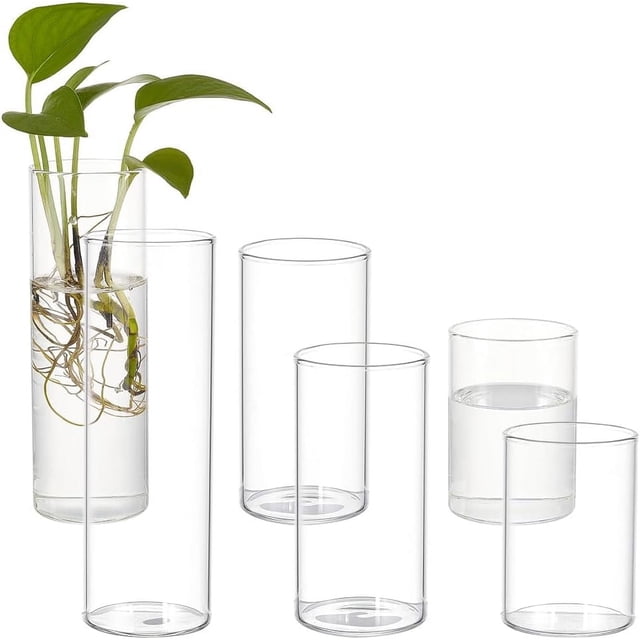 Juego de 6 jarrones cilíndricos de vidrio en 3 estilos diferentes. Jarrón de vidrio decorativo de columna. Jarrón transparente. Portavelas colgante alto.