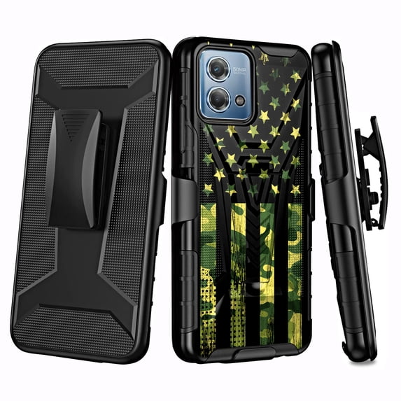 DALUX V Hybrid Kickstand Holster Phone Case Compatible with Motorola Moto G Stylus 5G (2023) - Green Camo Half US Flag