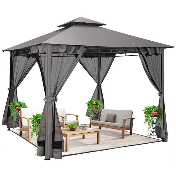 10x10 Patio Gazebo with Mosquito Netting Heavy Duty BBQ Canopy Tent Double Roof.
