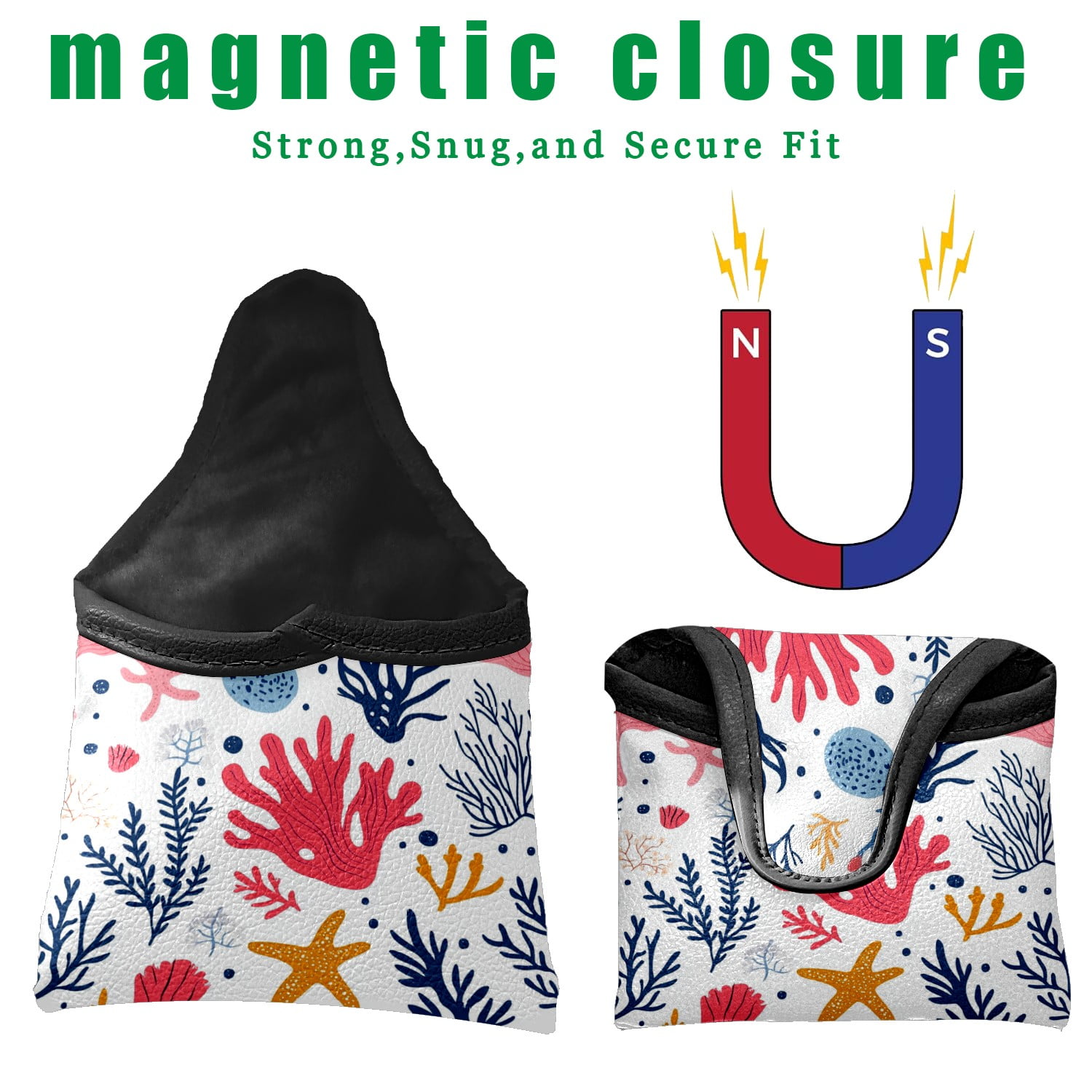 Golf Mallet Putter Cover Premium Leather Waterproof Golf Putter Head Cover with Magnetic Closure Graffiti Coral Reef
