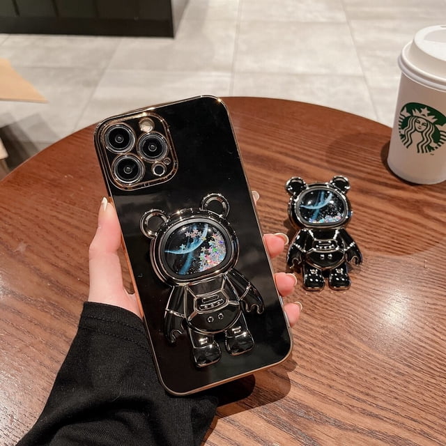 Funda de teléfono con soporte de astronauta Quicksand para iPhone 14 Pro 11 12 13 Pro Max Mini 7 8 Plus SE XR Xs Max Glitter Bear 3D Fivean unisex