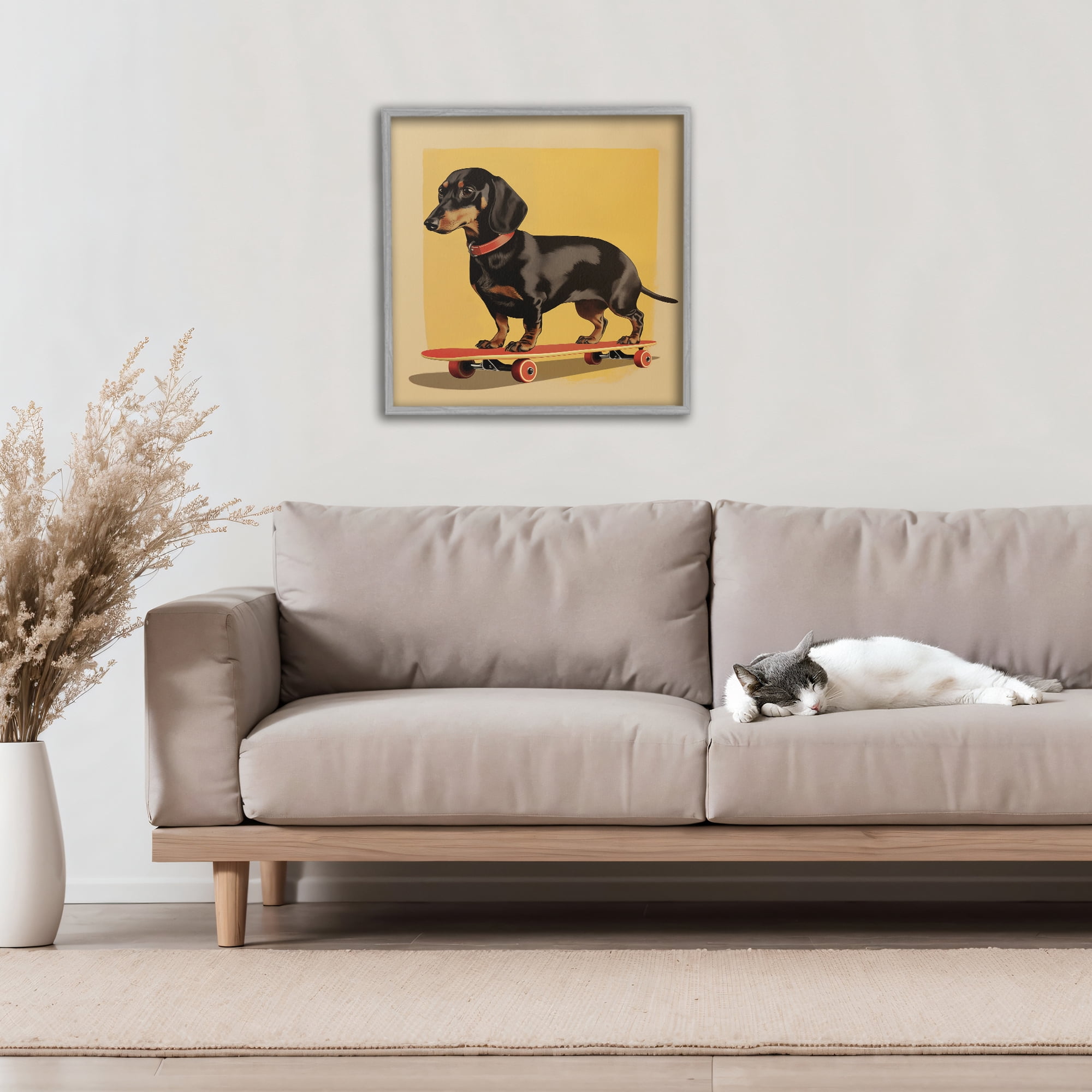 Stupell Industries Dachshund on Red Skateboard Gray Framed Giclee Art, design by Andreas Magnusson