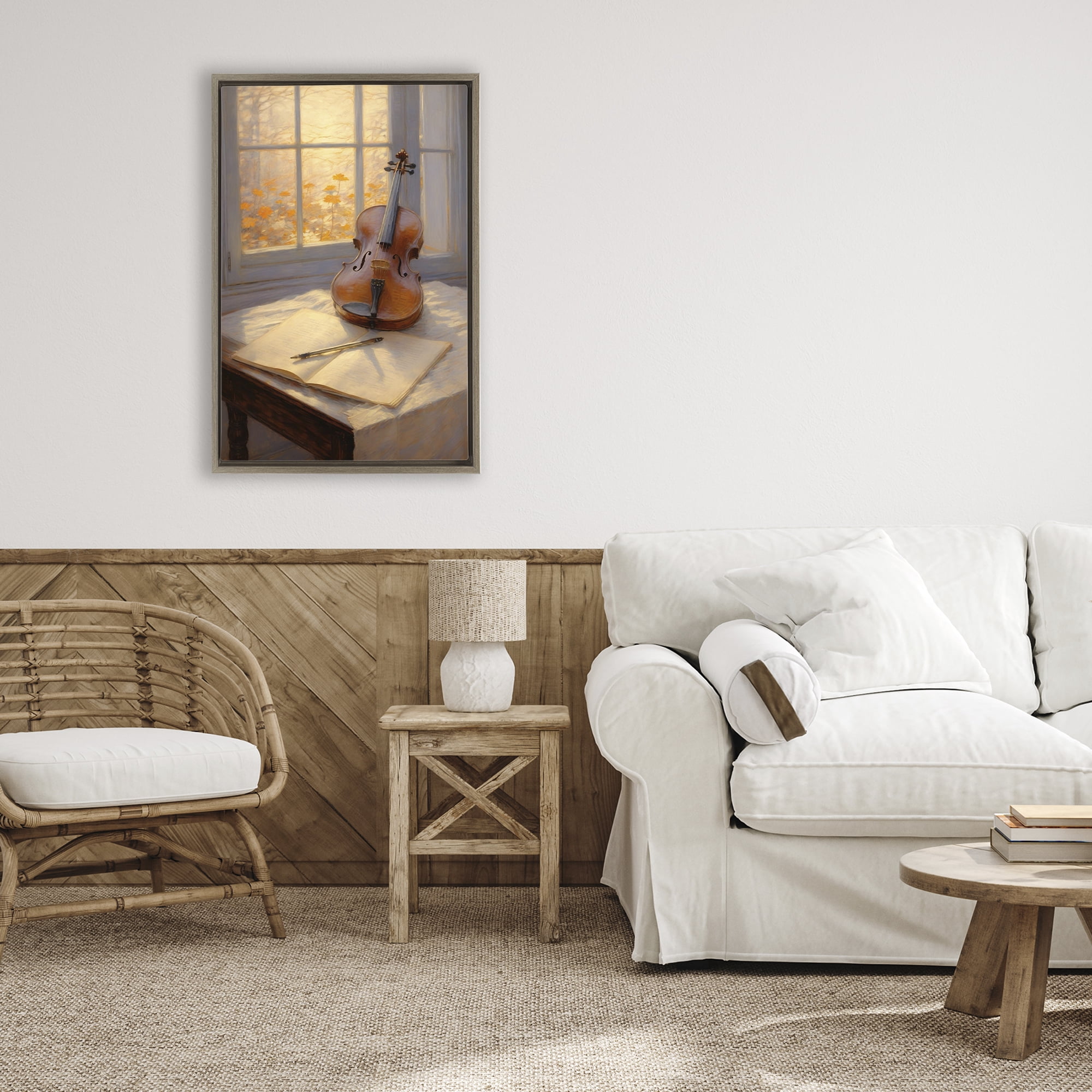 Stupell Industries Autumn Sunlit Violin Brown Framed Floater Canvas Wall Art, design by Angie Hawke
