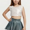 thumbnail image 2 of Virmaxy (3-16y) Girls Solid Color Laser Sequins Shirt Girls Stretchy Performance Wear With Exposed Waist And Navel Short Sleeve Round Neck Tops Silver-3 14 Years, 2 of 4