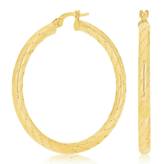 Italian 14k Yellow Gold Diagonal Snare Design Large Hollow Hoop Earrings 1.5"