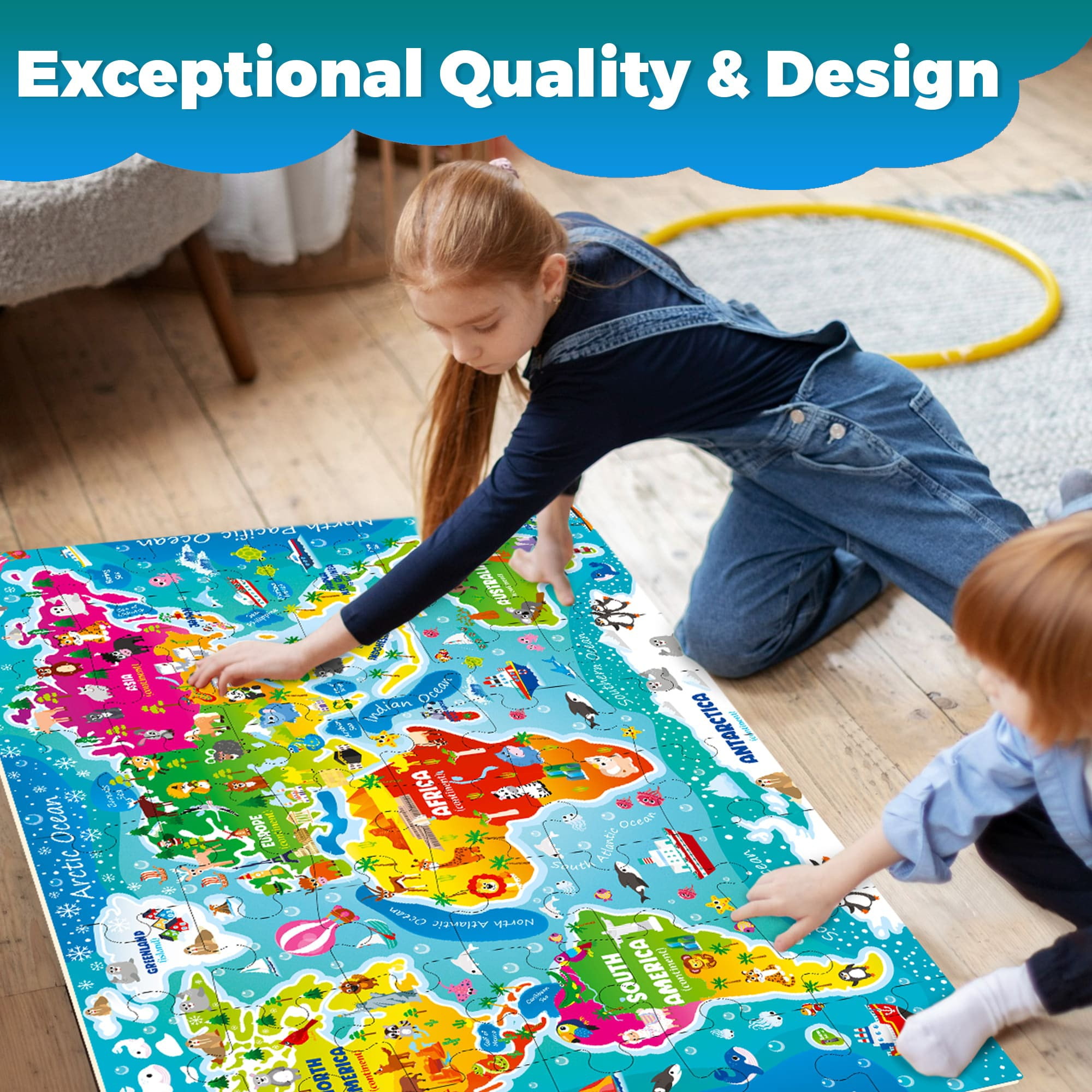Quokka Floor Puzzle for Kids Ages 4-6 - Toddler Puzzle Ages 3-5 - World Map Educational Activity for Boys Girls