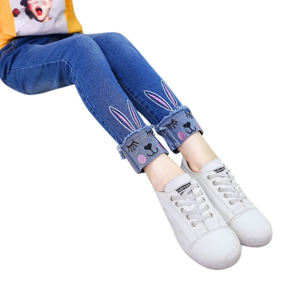 KIDSCOOL SPACE Girls Rabbit Embroidered Elastic Waist Band Inside Cute Slim Jeans