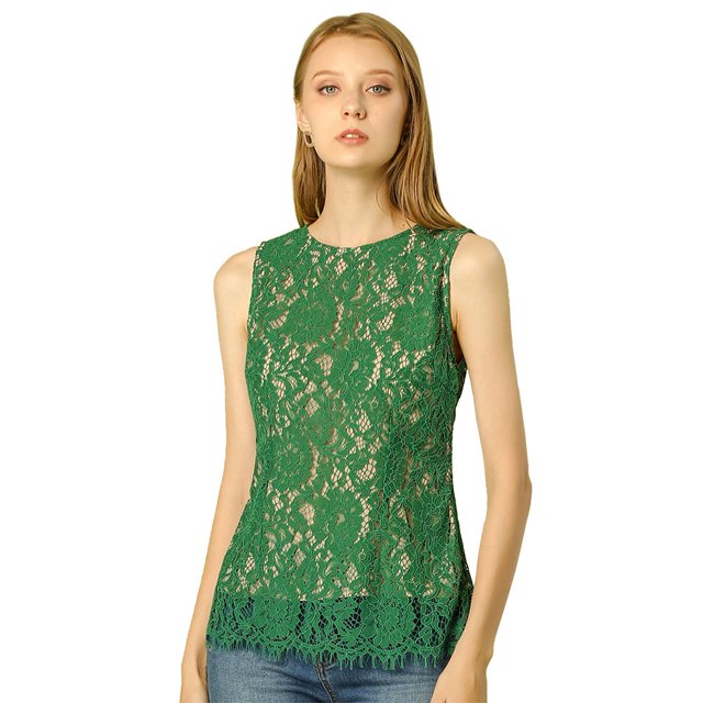 Blusa Sin Mangas De Encaje Con Forro Ojo De Cerradura Allegra K Para Mujeres Verde XS