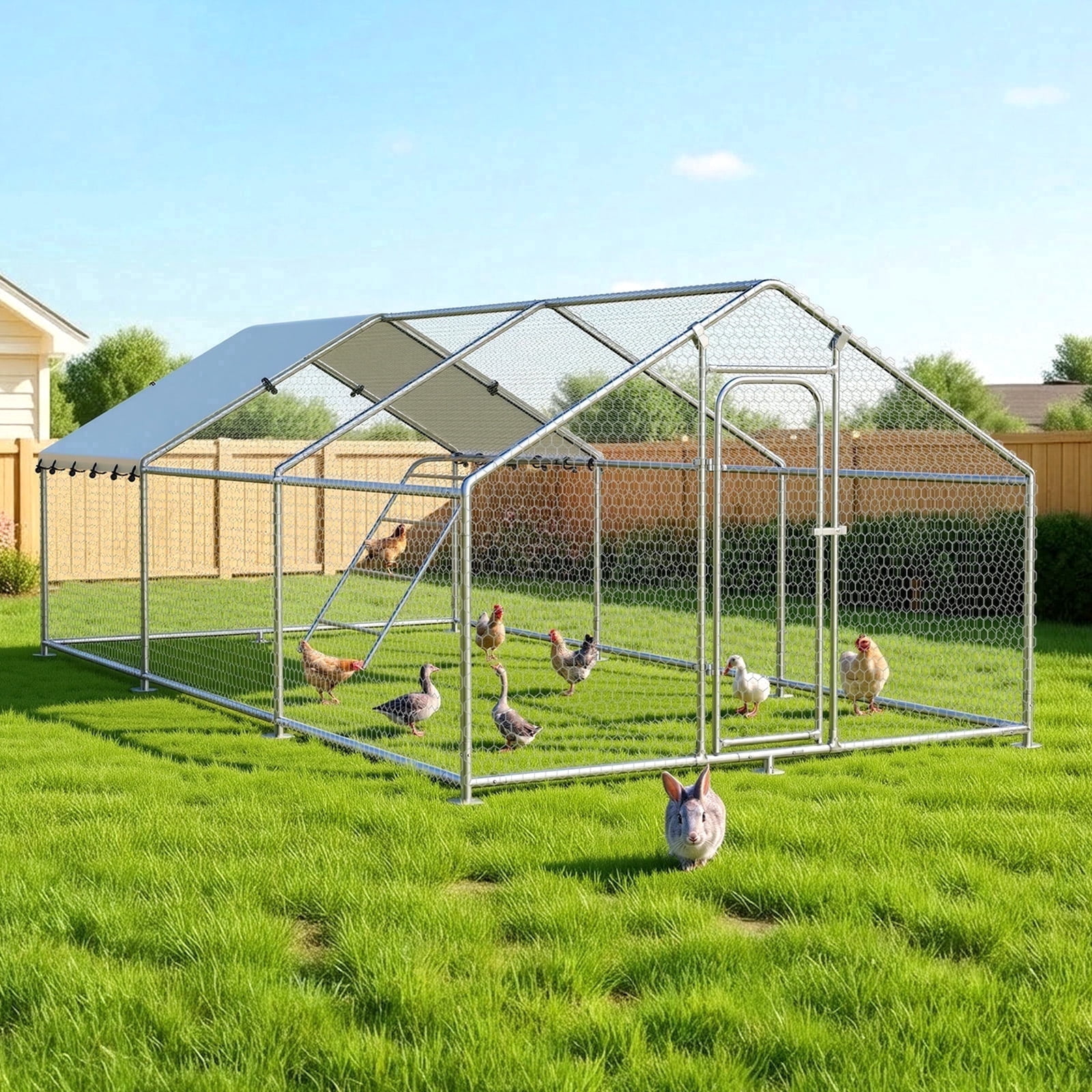 TIME RAY 19.7*10 ft Large Metal Chicken Coop with Roosting ,Outdoor Walk-in Poultry Cage for 6/10 Chickens,Heavy Duty Chicken Runs Hen House with Waterproof&Anti-UV Cover for Yard and Outdoor Farm