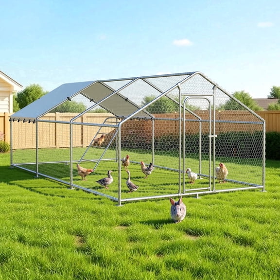 TIME RAY 19.7*10 ft Large Metal Chicken Coop with Roosting ,Outdoor Walk-in Poultry Cage for 6/10 Chickens,Heavy Duty Chicken Runs Hen House with Waterproof&Anti-UV Cover for Yard and Outdoor Farm