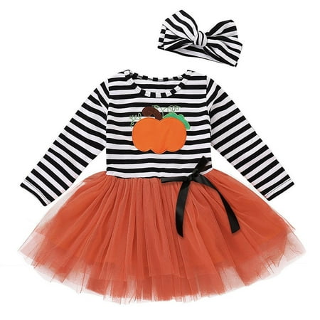 

YDOJG Clothes For Baby Toddler Girls Outfit Kids Pumpkin Striped Embroidery Dress Headbands Set For 18-24 Months