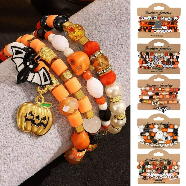 Yhmxh Bracelets d'Halloween pour Femmes Citrouille Fantôme Stéleton Chauve-Souris Crâne Perlé Empilable Bracelet Extensible Rugby Action de Grâce Bracelets Heishi Fait Main Bracelet Perlé Extensible