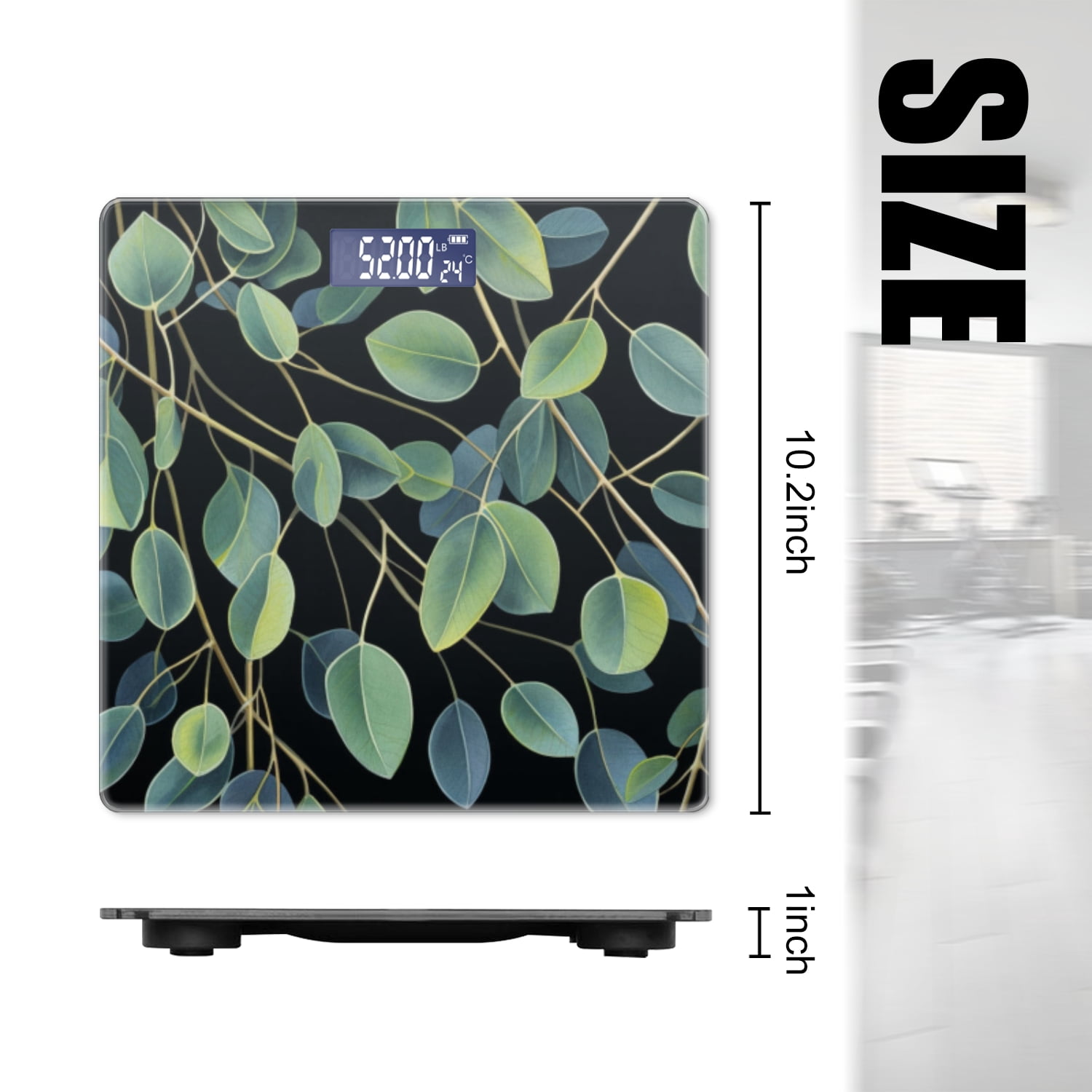 High Precision Body Weight Scale Smart Bathroom Scales with Large LCD Display(400lbs),Decorative for Bedroom-Hyper-Realistic Oil Painting Of Eucalyptus Leaves On Black Background