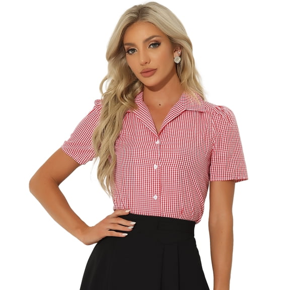 Unique Bargains Women's Plaid Shirt Puff Sleeves Vintage Summer Gingham Blouse XS Red