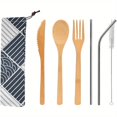 thumbnail image 1 of QUTETN 2 Set Bamboo Cutlery Set with Travel Case, Reusable Bamboo Utensils - 7. 8 Inches Knife, Fork, Spoon, 3 Colors Metal Straw - Portable Travel Set ( Silver Straw), 1 of 4