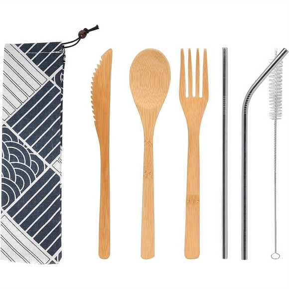 QUTETN 2 Set Bamboo Cutlery Set with Travel Case, Reusable Bamboo Utensils - 7. 8 Inches Knife, Fork, Spoon, 3 Colors Metal Straw - Portable Travel Set ( Silver Straw)