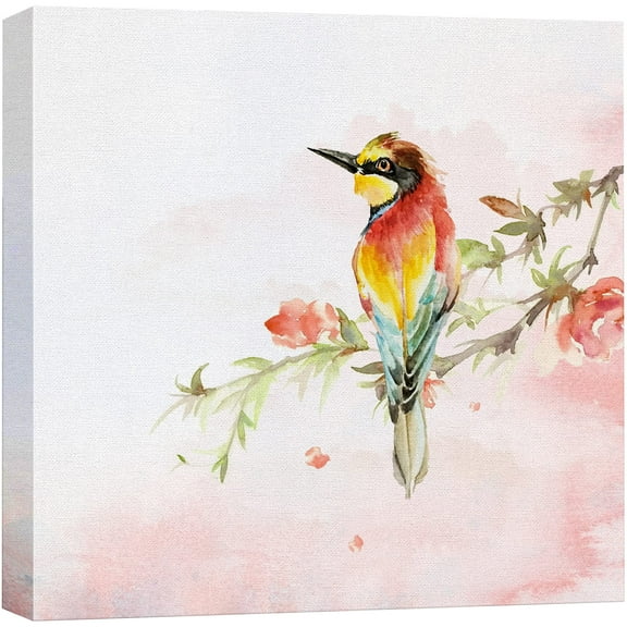 wall26 Canvas Print Wall Art Watercolor Tropical Bird & Cherry Blossoms Animals Wildlife Illustrations Modern Art Rustic Scenic Colorful Farmhouse/Country for Living Room, Bedroom, Office - 16&qu
