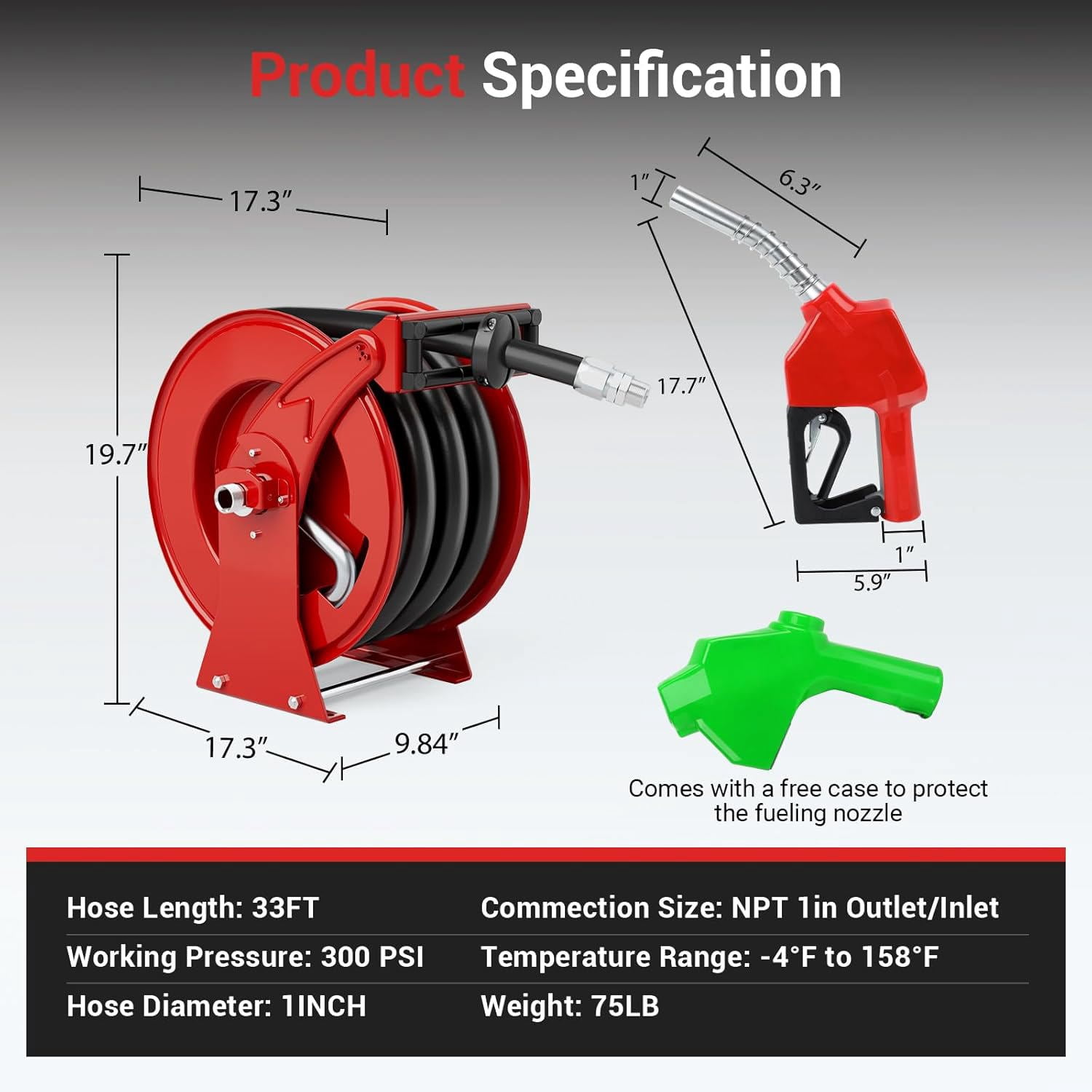 Fuel Hose Reel, 1" x 33' Retractable Diesel Hose Reel, Heavy-Duty Carbon Steel Construction with Automatic Fuel Nozzle, NBR Rubber Hose for Aircraft Ship Vehicle Tank Truck, 300 PSI, Red