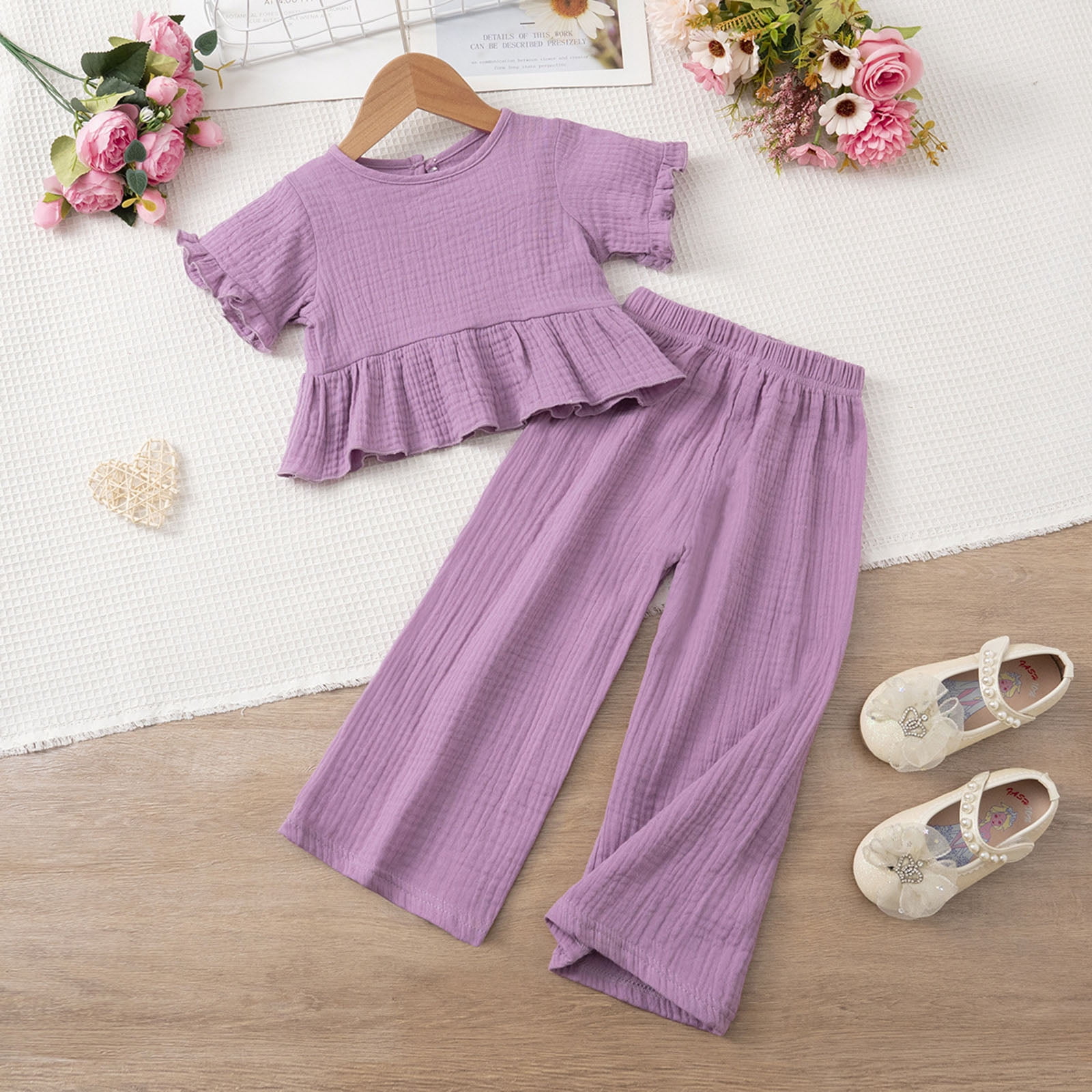 Faraee Toddler Girls Linen Outfit Ruffle Sleeve Shirt Wide Leg Pants Clothes Baby Girl Summer Beach 2 Piece Clothing Set 2t 3t 4t 5t 6t 7t Purple