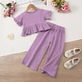 thumbnail image 4 of Gubotare Little Girls Outfits Girls formal Wear 2 Piece Outfits Button Ruffle Hem Puff Sleeve Blazer and Flare Pants Suit Set Size 6-7 (Purple,6-7 Years), 4 of 6