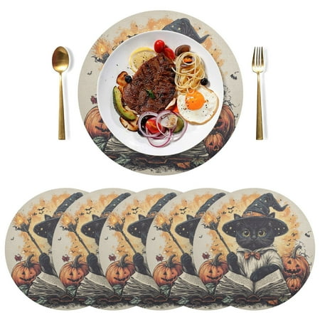 

Round Placemats Plate Mats 15 Inch Non-Slip Heat Resistant Washable PVC Set Table Decoration for Kitchen Dining Black Cat