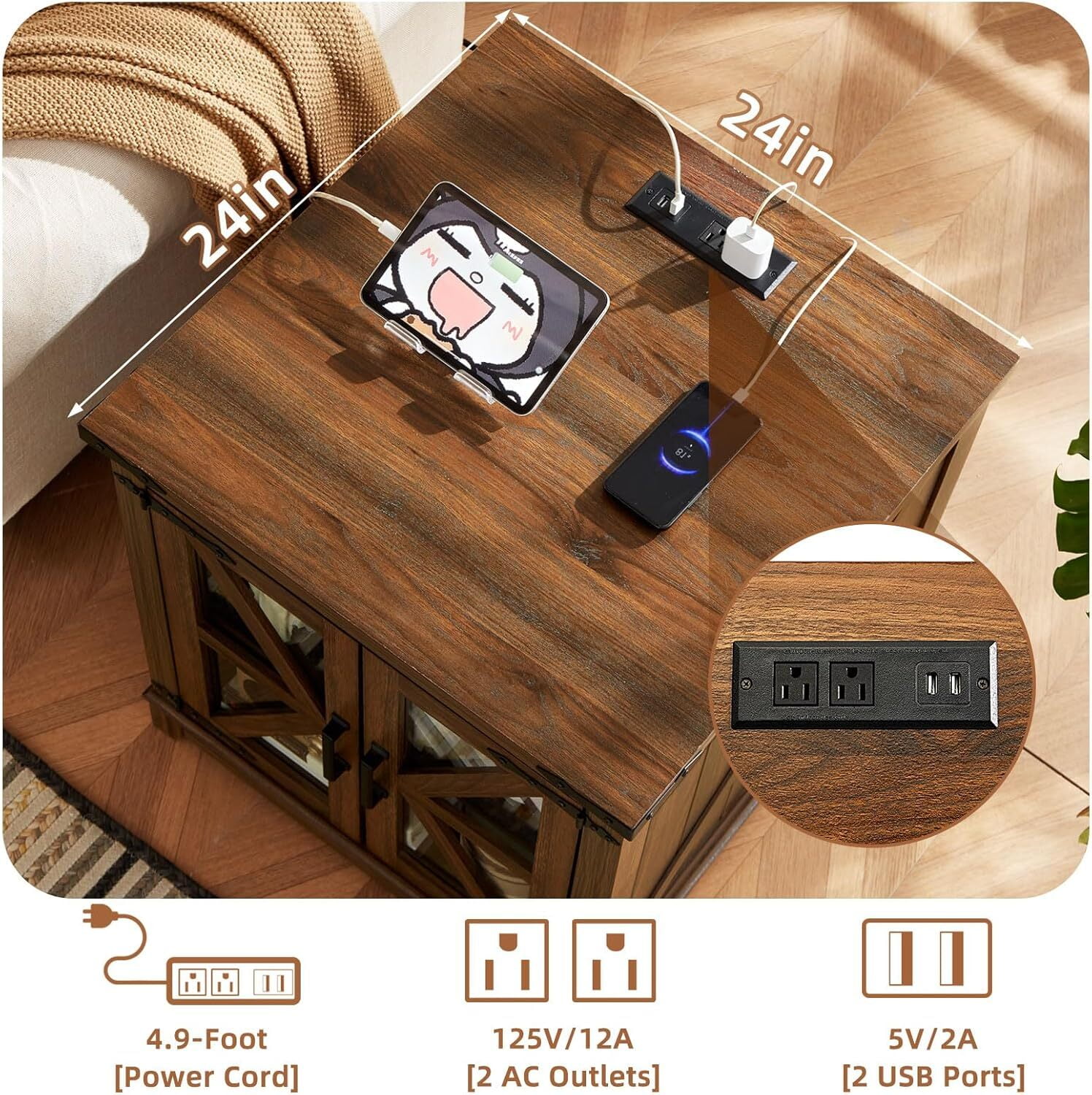 Joaxswe 3-Piece Coffee Table Set with Flips-up Rectangular Coffee Table and 2 End Tables with Charging Station, Hidden Storage and Modern Design for Living Room, Brown