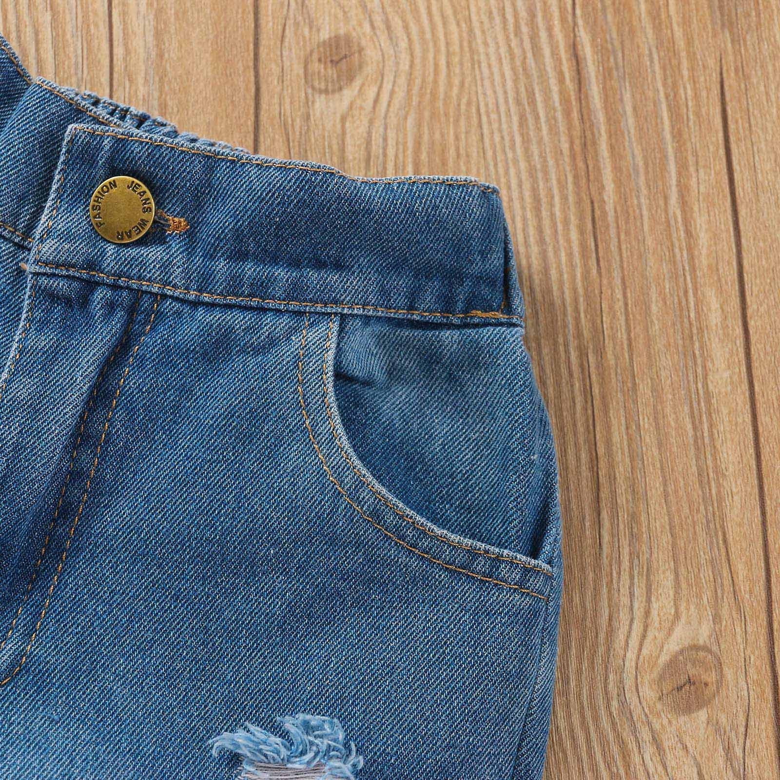 Daqian Baby Girls Clothes Toddler Baby Girls Fashion Cute Solid Color Frenulum Vest Top Ripped Jeans Pants Suit Toddlers Girls Clothes Size 2T-5T Blue 2-3 Years