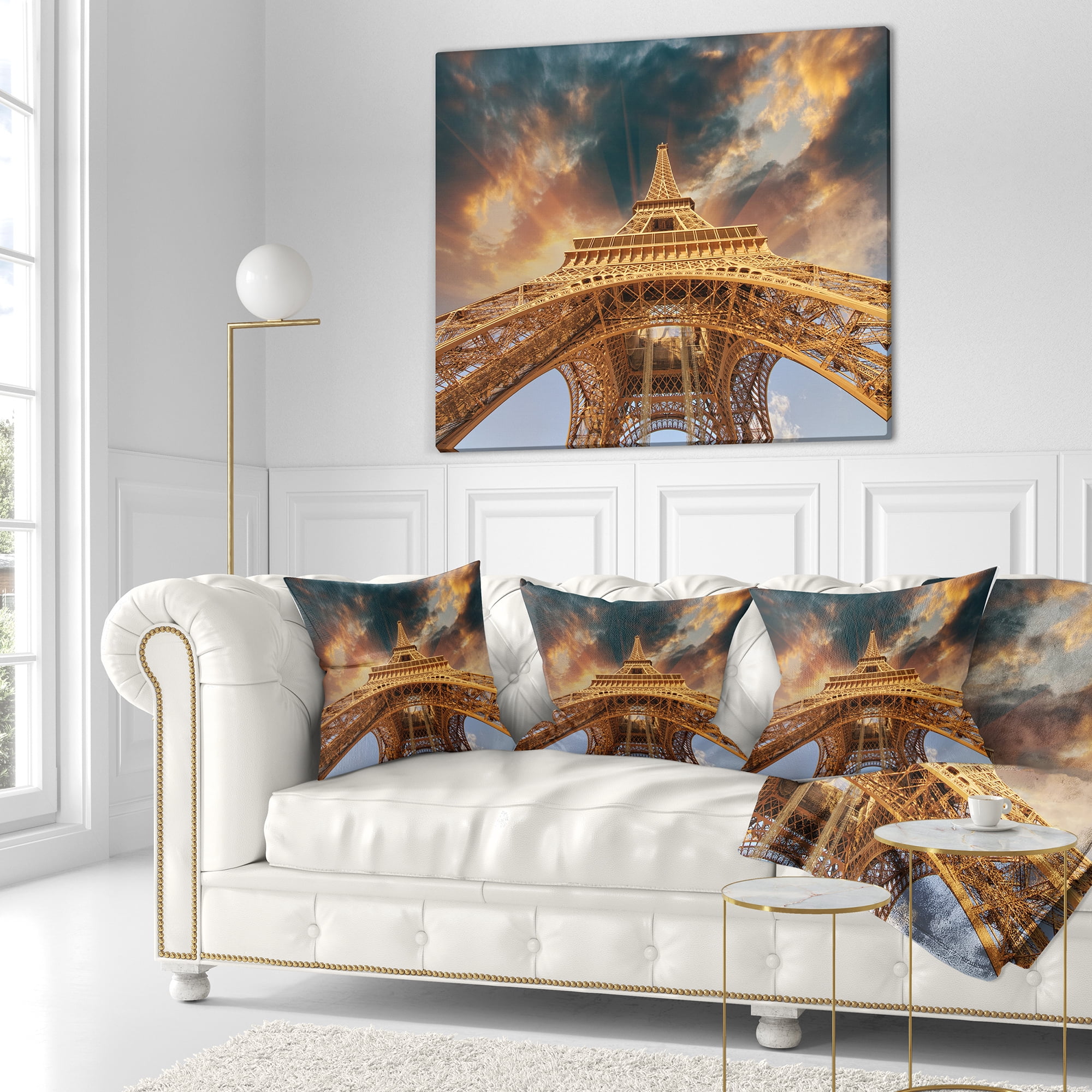 Designart Paris Paris Eiffel Towerin Paris with Sunset Colors - Cityscape Throw Pillow - 16x16