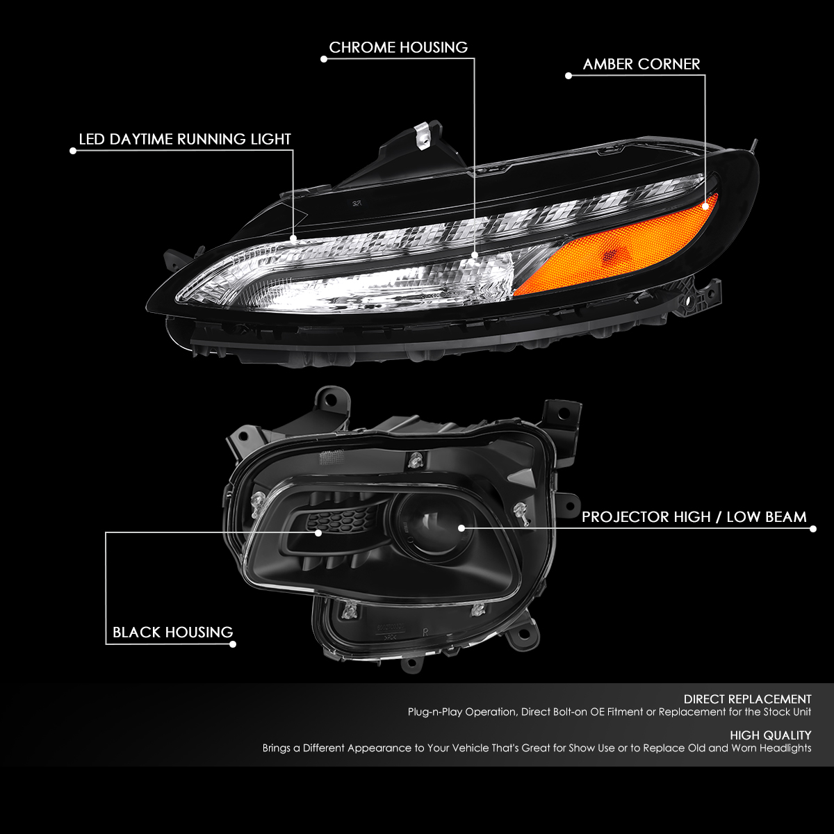 Speed Daddy LED DRL Headlight Assembly For Jeep Cherokee 2014-2018 – Chrome/Amber Reflector (Pair, Halogen/LED, 7440 Signal)