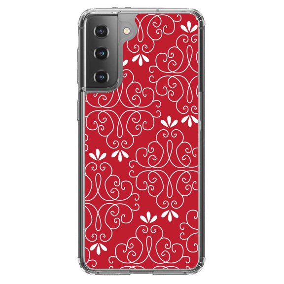 DistinctInk Clear Shockproof Hybrid Case for Galaxy S21  PLUS 5G (6.7" Screen) - TPU Bumper, Acrylic Back, Tempered Glass Screen Protector - Dark Red White Floral