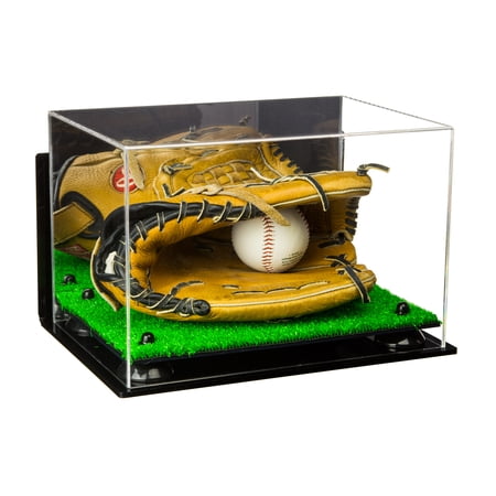 Deluxe Acrylic Baseball Glove Display Case with Black Risers, Mirror, Turf Base and Wall Mount (A004-BR)