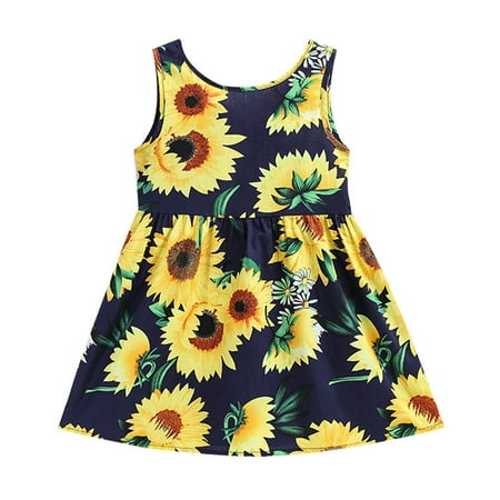 

DNDKILG Baby Toddler Girl Dress Sleeveless Sunflower Sundress Summer Dresses Navy 24M-6Y 120