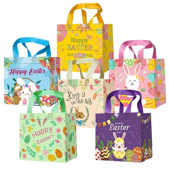 DECHISY Easter Bags, 6Pack Reusable Bunny Chick Egg Design, Non-Woven Easter Tote Bags with Handles, Ideal Easter Gift Bags, Easter Egg hunt bags, Fabric Easter Basket 8.3×7.9×5.9inch