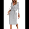 thumbnail image 1 of Vestido de Suéter de Larga para Mujer, Vestido Ajustado con Abertura Lateral, Otoño, Midi, , Escote en V Profundo, Ajustado, Gris L, 1 of 8