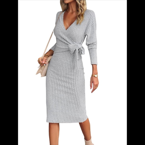 Vestido de Suéter de Larga para Mujer, Vestido Ajustado con Abertura Lateral, Otoño, Midi, , Escote en V Profundo, Ajustado, Gris L