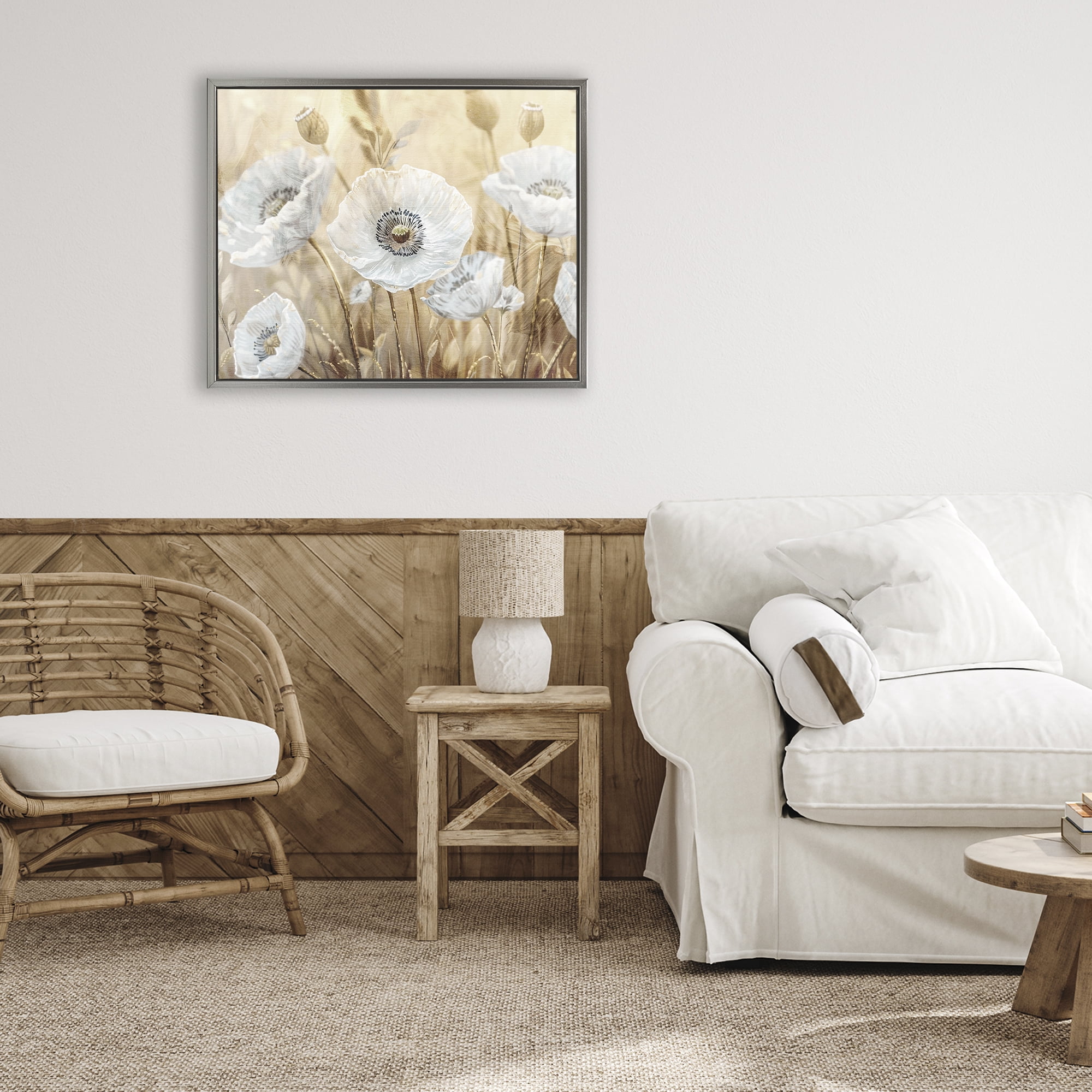 Stupell Industries White Poppies Beige Field Gray Framed Floater Canvas Wall Art, design by Kim Allen