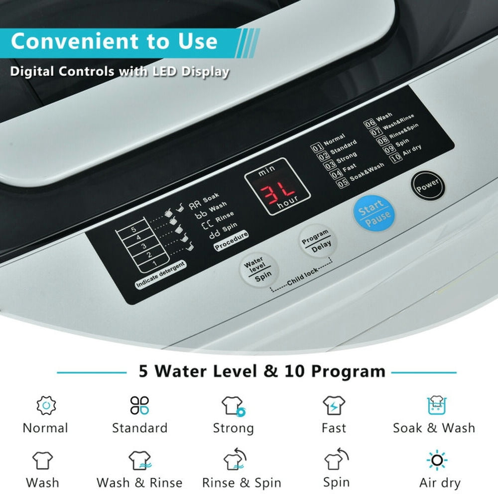 Spaco Portable Full-Automatic Laundry Washing Machine with Drain Pump, Energy Saving Washing Machine with 10 Washing Modes and 5 Water Level Selections, Washing Machine for Indoor, Gray