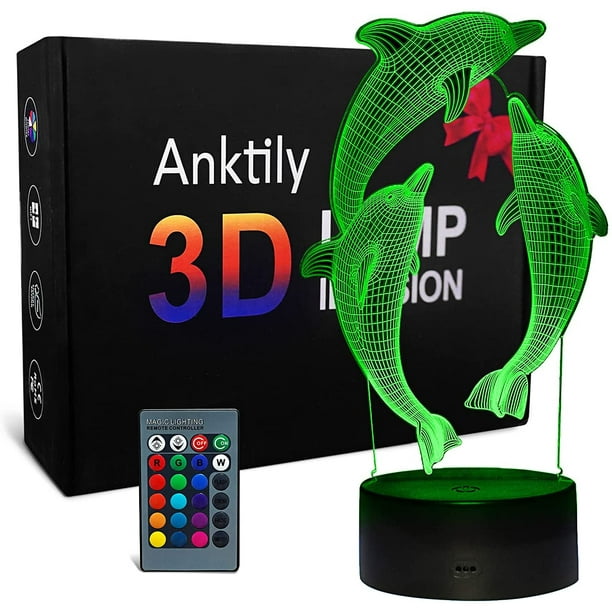 3D Dolphin Night Light LED Optical Illusion Night Light Kids Mesita de noche Lámpara de escritorio 16 colores y control remoto Regalos de cumpleaños y Navidad para niñas niños Zhivalor ZSY-0632
