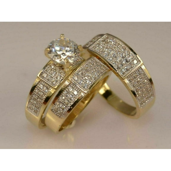 Bluebelljewels His & Her Trio Ring Set 14K Yellow Gold Plated Round Cut Cubic Zirconia Set For Gift