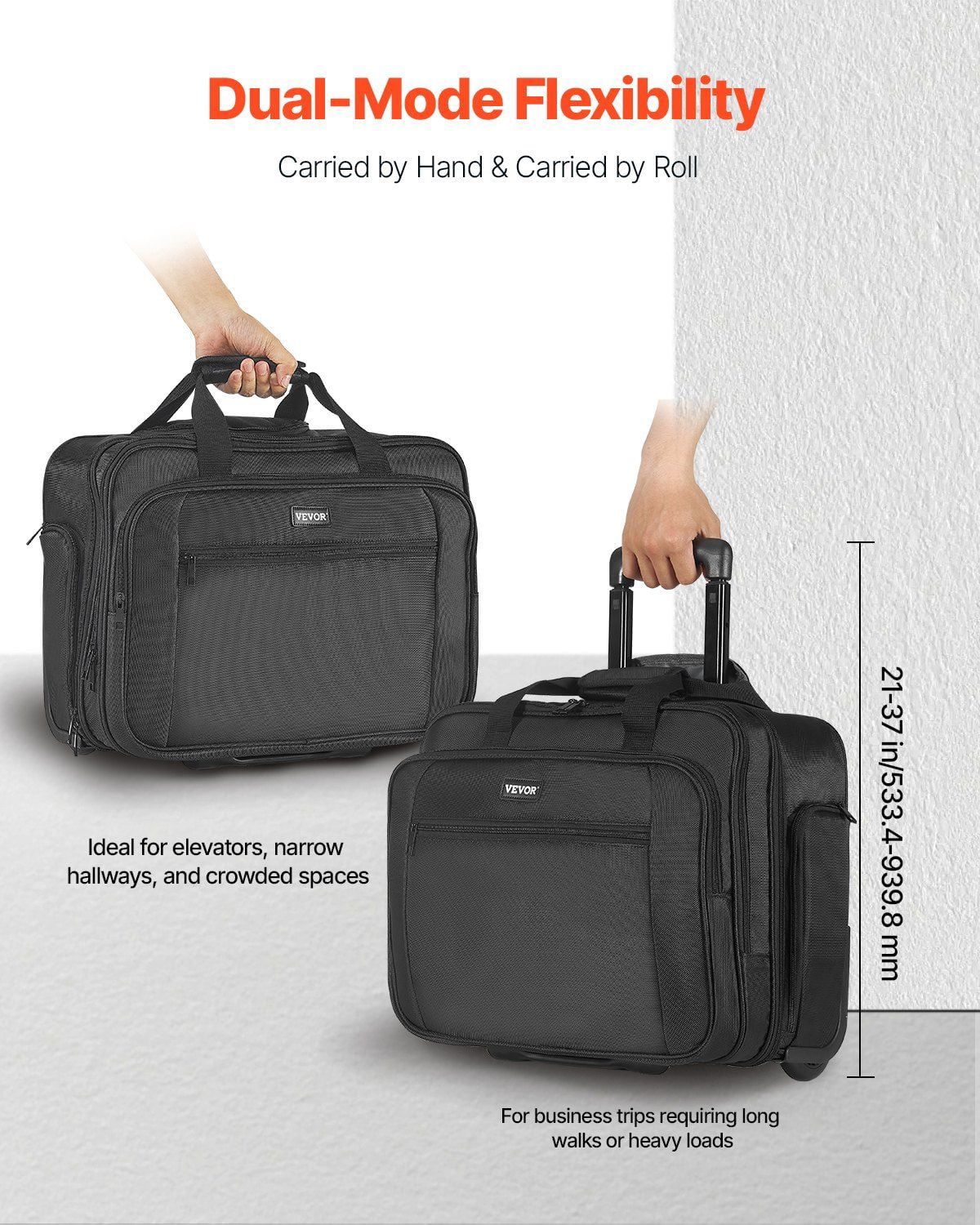 Rolling Laptop Bag with Wheels for 17.3 Inch Computers, Business Travel Briefcase for Women & Men, 1680D Oxford Fabric, Telescopic Handle, Multiple Compartments & Smooth Rolling Design – Black