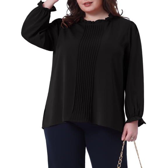 Agnes Orinda Women's Plus Size Tops Pleated Long Sleeve Crew Neck Elastic Cuffs Office Elegant Blouse 1X Black
