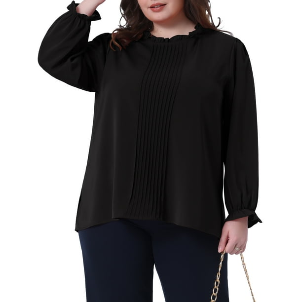 Blusa elegante de oficina de manga larga con puños elásticos para mujeres de tallas grandes Agnes Orinda 4X negra