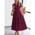 thumbnail image 3 of Burgundy Women Short Sleeve Maxi Dress High Waist Tiered A-Line Boho Flowy Beach Vacation Dress, 3 of 6