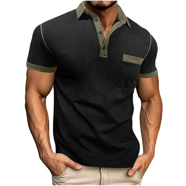 pstuiky camisetas de hombre, Camisa informal de moda para hombre, color liso, con solapa, mangas, cuello redondo, botones y bolsillo ropa de hombre s