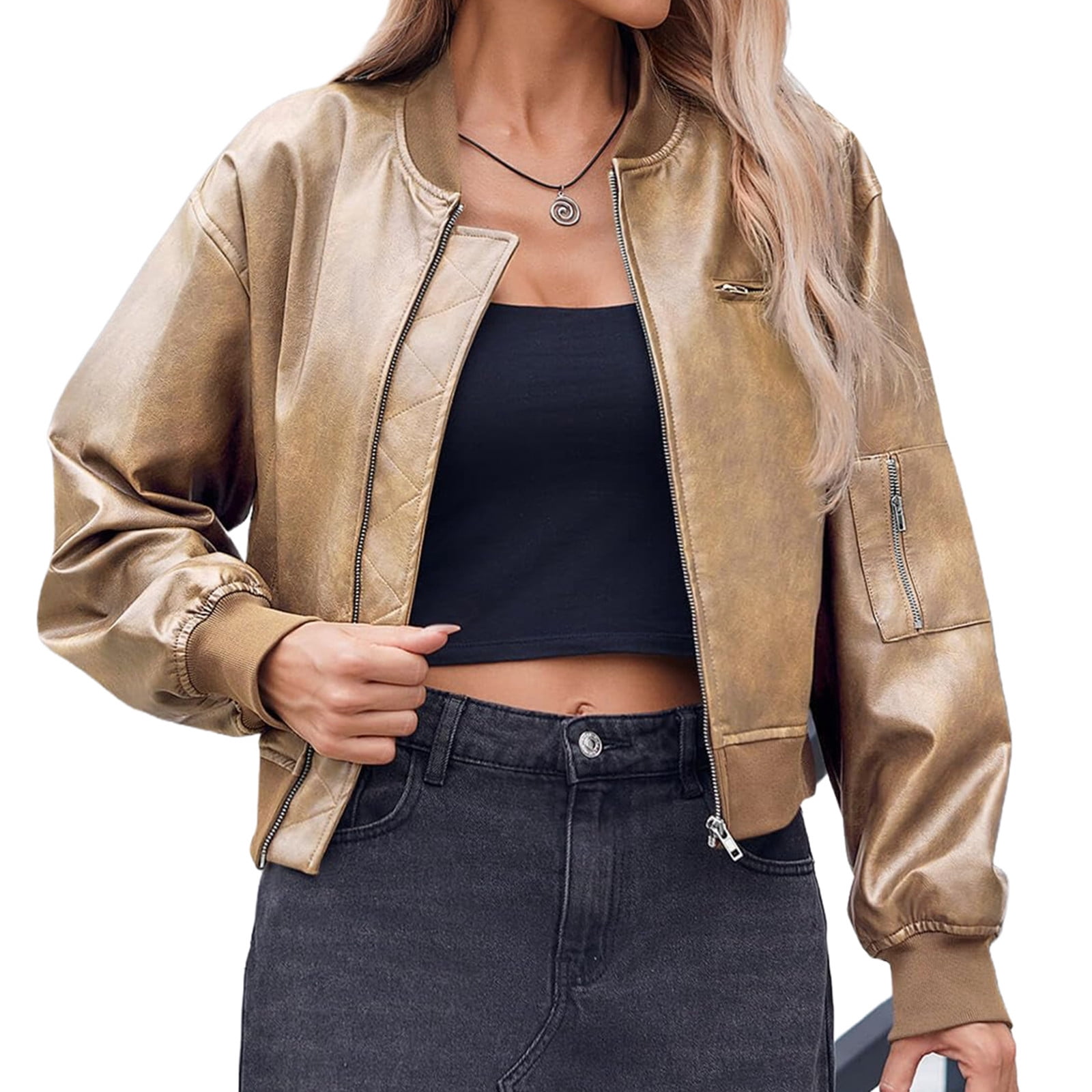 Womens Faux Leather Bomber Jackets Baseball Collar Zip Up Cropped Biker Coat with Pockets