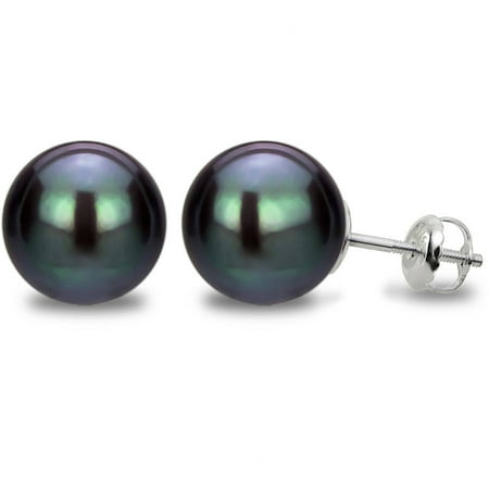 Sterling Silver Round Black 11-12mm Freshwater Cultured Pearl Screw-Back Stud Earrings