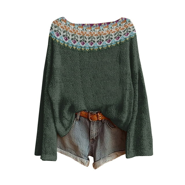 WTXUE Chandail Rétro Vintage à Imprimé Artistique pour Femmes, Blouses Légères, Hauts Boho Décontractés, Chandail Tricoté à Imprimé Léopard, Chandails à Manches Longues, Col Rond, Chandail Bohème, Vert Noirâtre m