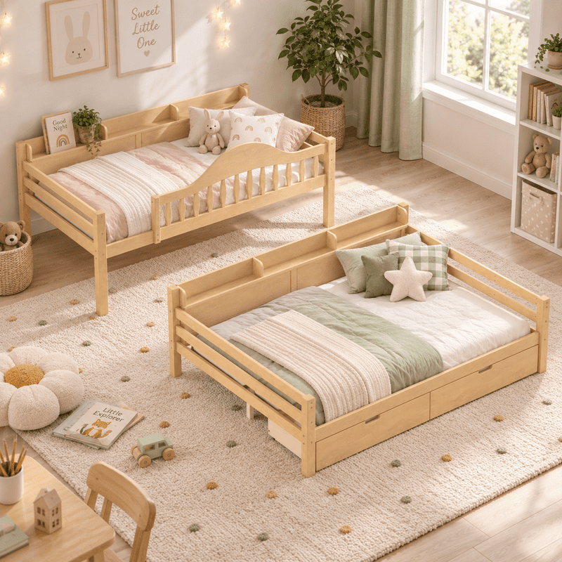 Twin Over Full Bunk Bed with 2 Storage Drawers, Solid Wood Kids Bunk Bed with Curved Guardrails, Side Storage Shelves and Ladder, No Box Spring Needed