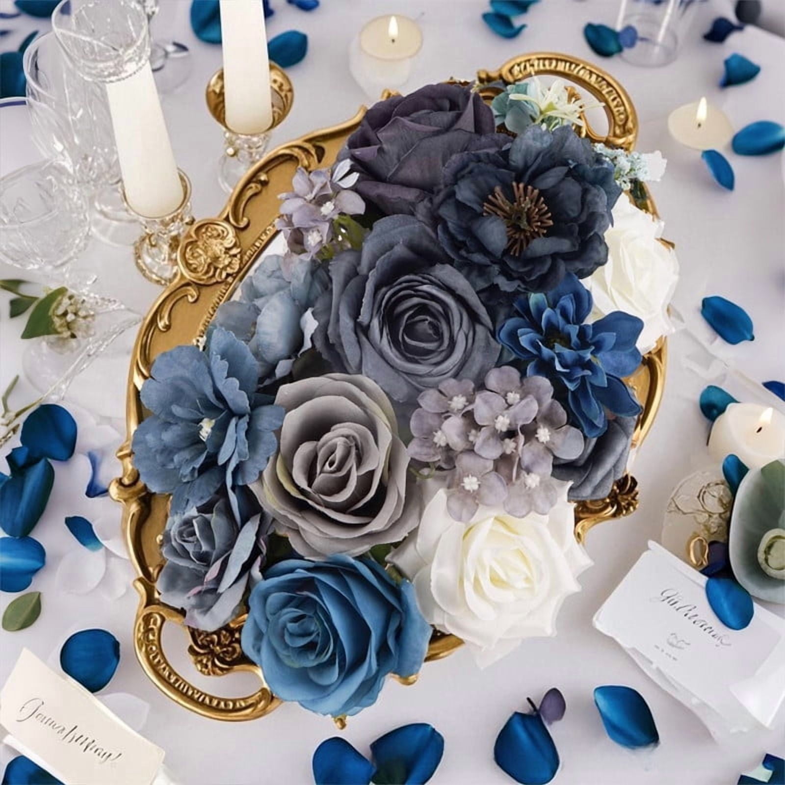 Dark Blue Artificial Flowers, Fake Rose Cream Flowers Combo Box Set Faux Flower Arrangements Table Centerpieces Wedding Bouquets Bridal Shower Party Home Decor Cake Decorations